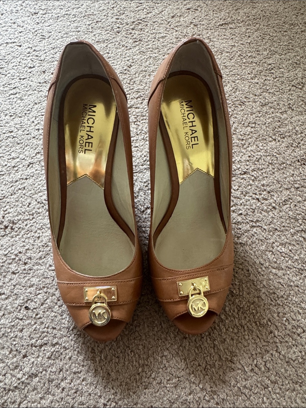 Michael Kors Brown Leather Peep-Toe Heels with Gold MK Charm